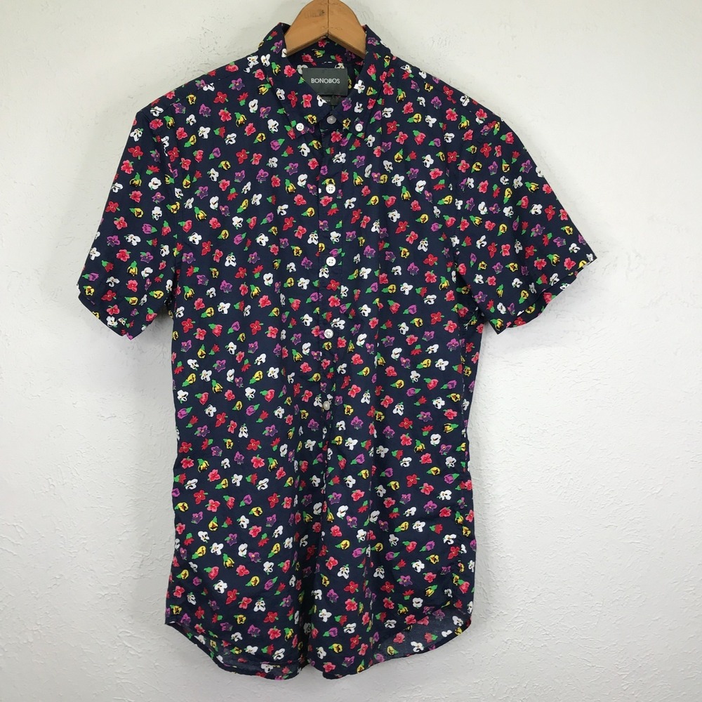 Bonobos Button Shirt Mens M Slim Fit Navy Blue Floral Short Sleeve Cotton